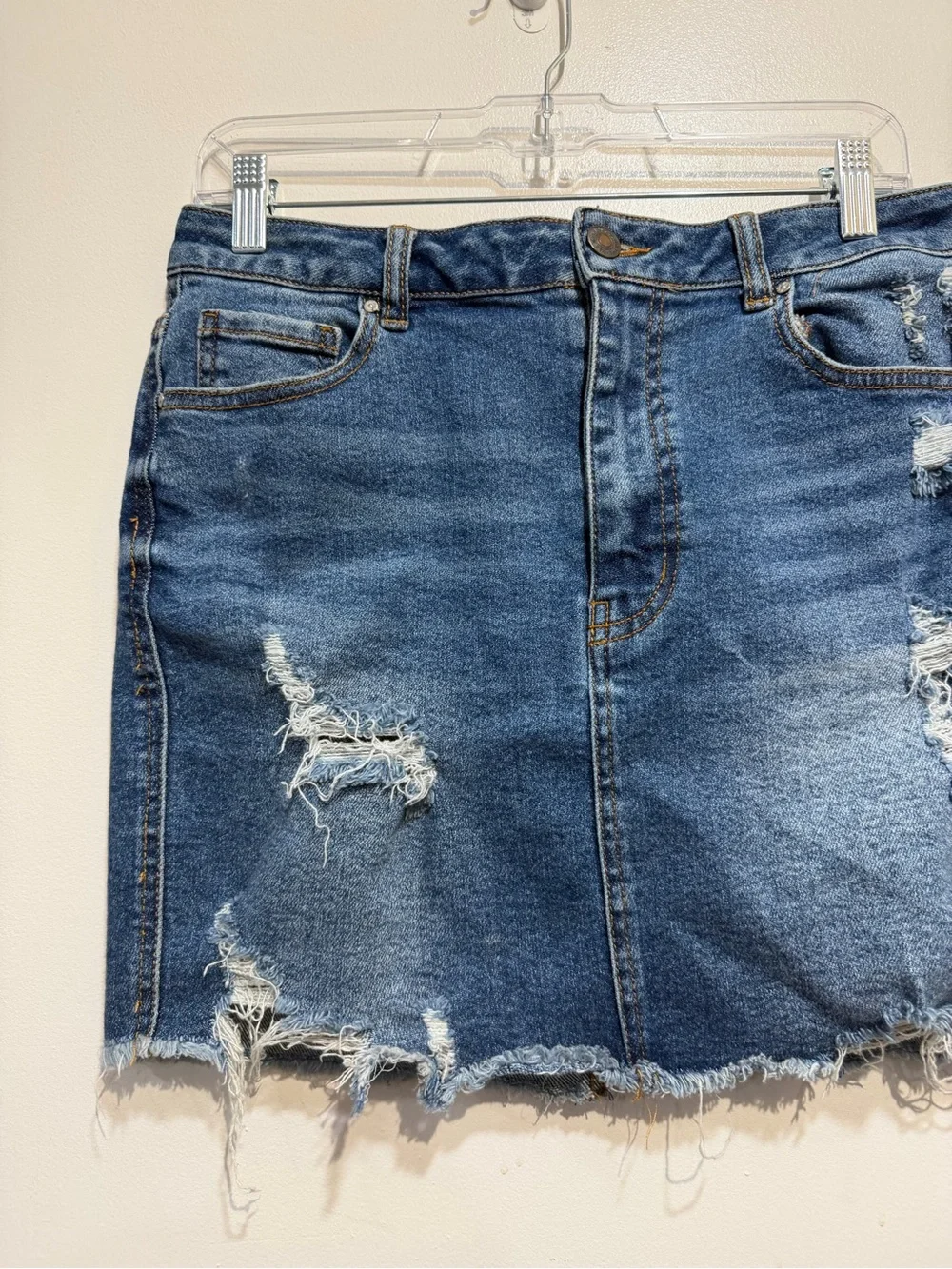 Wax Jean Distressed Denim Mini Skirt Medium Wash Stretch Raw Hem  Size Large
